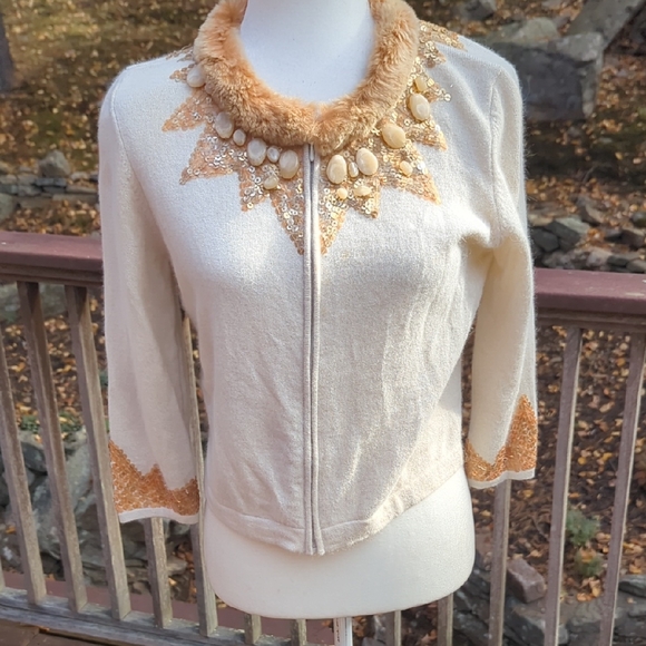 pop Sweaters - Pop Cream and Tan Cardigan with Faux Fur